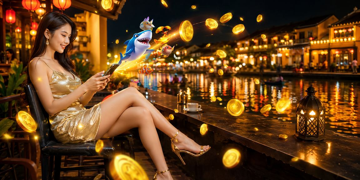Người dùng tại Hội An thư giãn uống cà phê và tham gia trò chơi bắn cá trực tuyến trên điện thoại