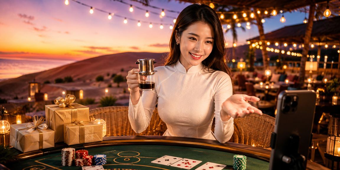 Người chơi mặc áo dài tại Mũi Né ngồi theo dõi bàn Baccarat trực tuyến trên màn hình máy tính bảng buổi tối